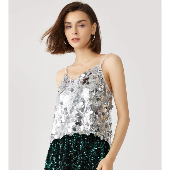 Women's Sequin Tank Top V-Neck Spaghetti Strap Party Camisole - Picture 3 of 6